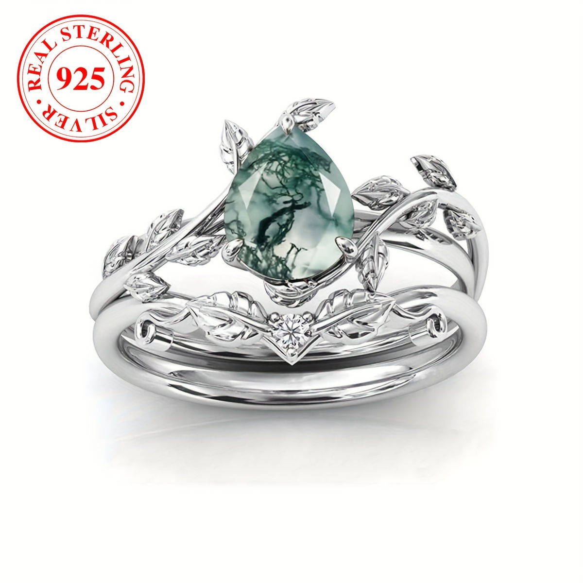 

Elegant Boho 925 Sterling Silver Moss Agate Promise Ring Set, Natural Stone, Silver-plated, Women's Engagement Wedding Jewelry