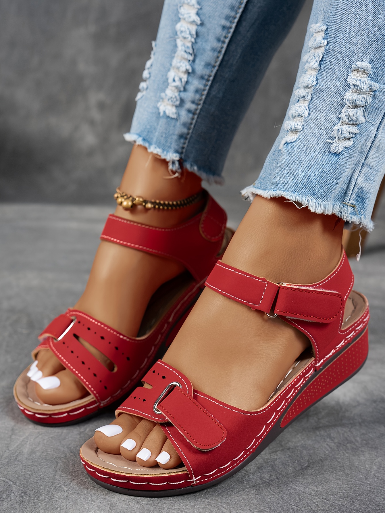  womens beige wedge sandals comfortable open toe platform shoes with adjustable ankle strap perforated design for   casual summer fashion strappy sandals Product details 24