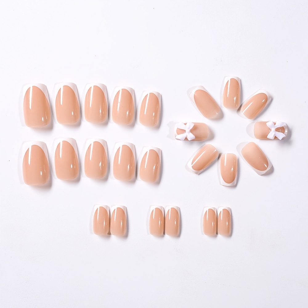 Image of Press-on False Nail Set With White French Edge And White Bow Element Glossy Effect Design, With Tools, Suitable For Women's Parties, Dance, Daily Casual And Festival Wear, Removable And Reusable