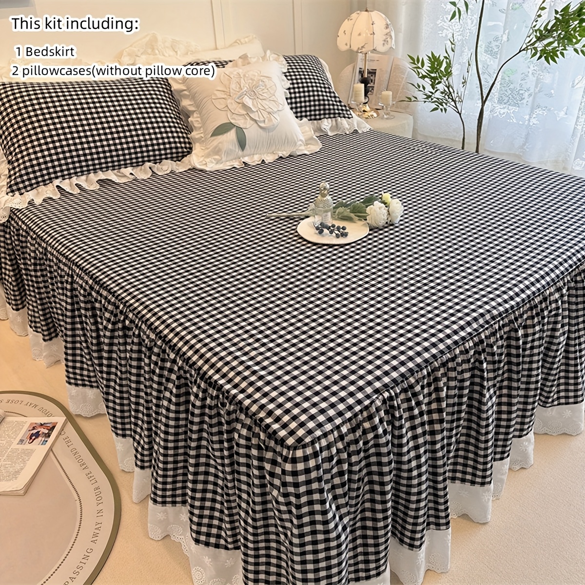 TEMU 3pcs Bed Skirt Set With Plaid Print Bed Skirt And 2pcs Pillowcases, Height 45cm, Bed Skirt Corners With Elastic Bands, Pre-washed, Soft Texture,