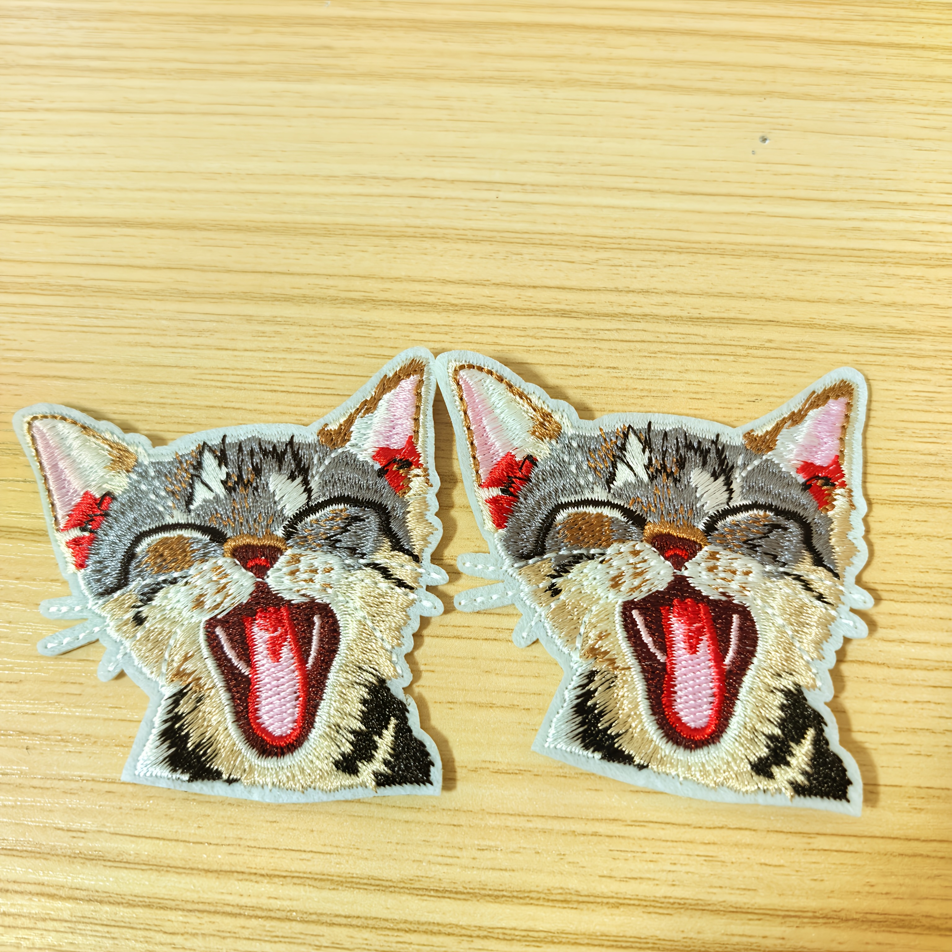 TEMU 2pcs Adorable Cat Face Embroidered Patch - Iron-on/sew-on Diy Applique, Multicolor Polyester, Jackets, Jeans, T-shirts & Backpacks, Wear