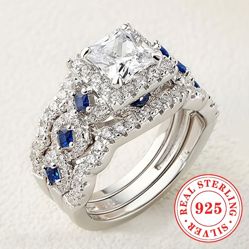 TEMU 3pcs Women's Ring S925 Sterling Silver Moissanite Square Ring Bridal Wedding Deluxe Ring Set Women's Jewelry