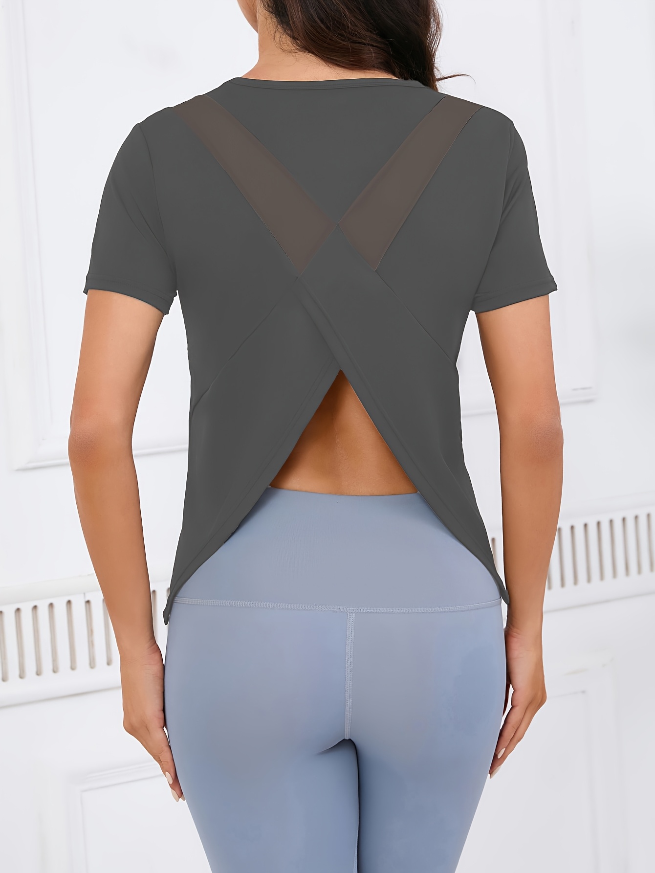 Women'S Elegant Yoga Jersey Breathable Athletic T-Shirt with Mesh Back  Detail, Short Sleeve, Loose Fit for Fitness Training, Yoga