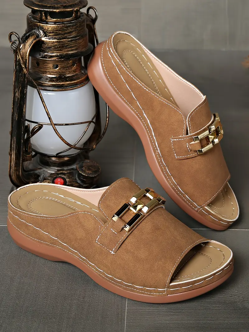 womens wedge sandals with metallic chain design casual open toe slip on platform shoes beige cover summer for versatile footwear stylish sandals cover sandals Product details 1