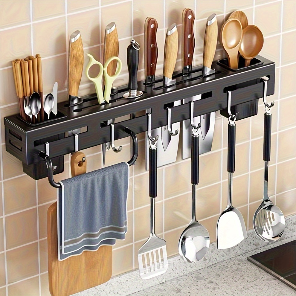 1pc high quality carbon steel knife rack no drill wall mounted multi functional kitchen utensil holder with hooks towel rod and draining utensil caddy for   kitchen storage details 0