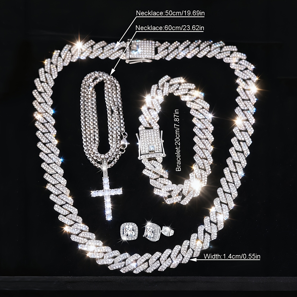 4pcs Classic Cuban Chains Necklace & Bracelet Set with Cross Pendant