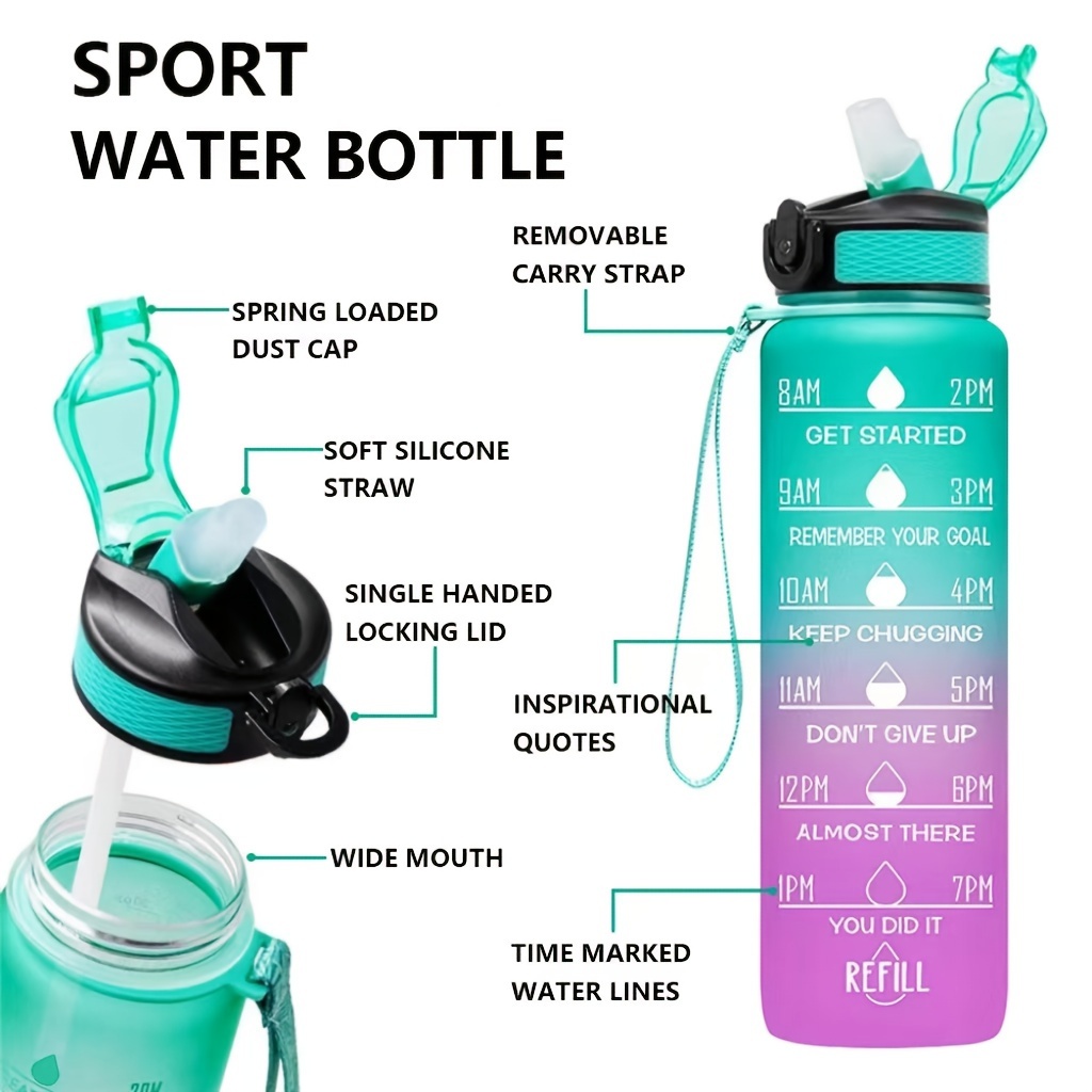 1pc 1000ml/33.81oz Simple Large Capacity Plastic Water Bottle, Fashion Gradient Color Water Cup With Scale And Straw, Frosted Drinking Cup For Outdoor Sports, Fitness