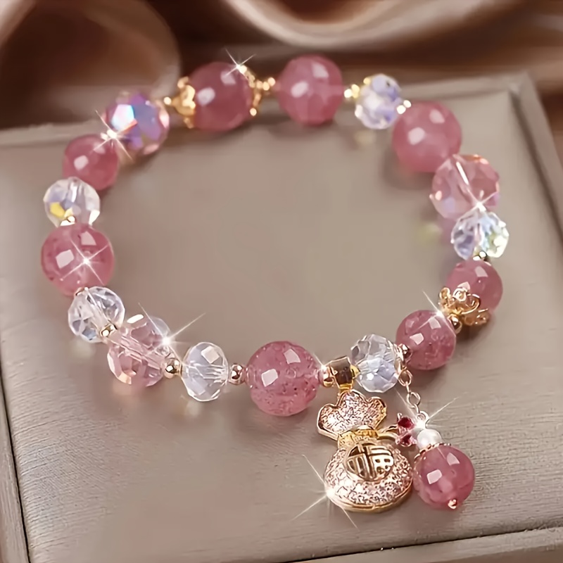 

1pc Luxury Glass Bead Bracelet With Strawberry Accents And Charm, And Gift- Accessory,