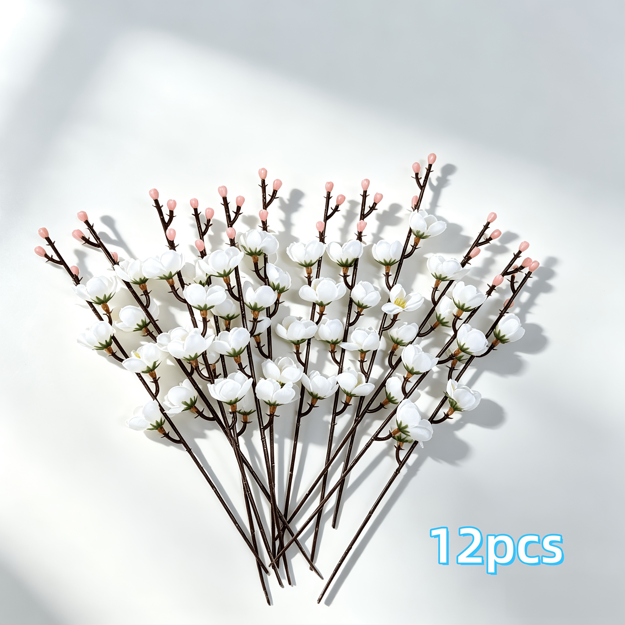 TEMU 12pcs Artificial White Plum Blossoms - Realistic Plastic White Jade Flowers, Suitable For Indoor And Outdoor Decoration, Ideal For Home, Office,