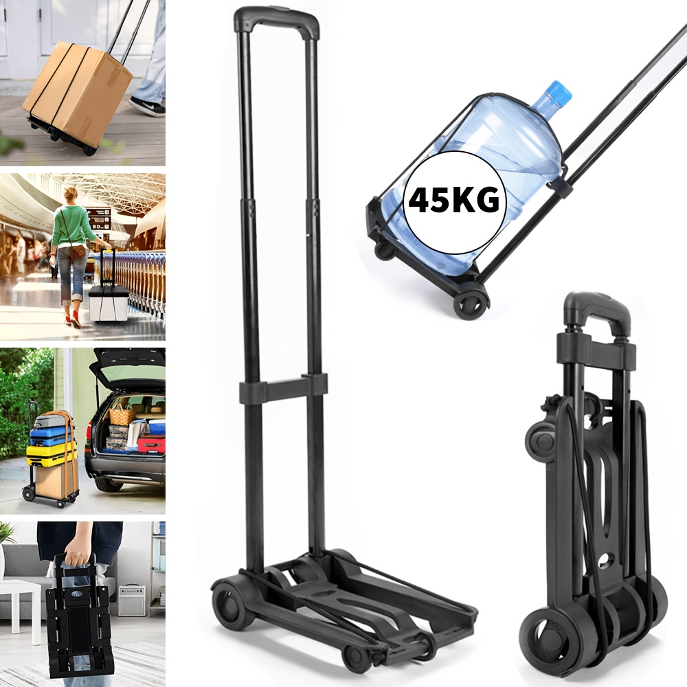 TEMU Portable Folding Hand Truck, 97cm Tall Adjustable Handle Utility Cart With & Chassis, 45kg Capacity Luggage Cart With Free Elastic Rope For