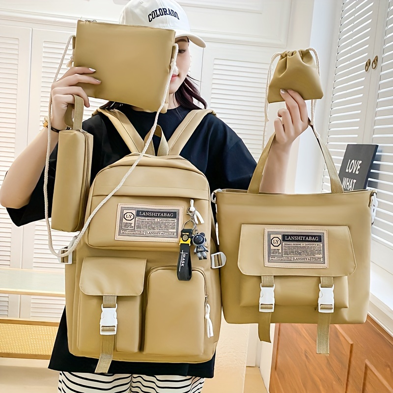 5pcs Solid Color Backpack Set, Large Capacity Double-ShoulderBag, Simple Tote, Pencil Bag, Casual Crossbody, Lightweight Student Shoulder Bag.