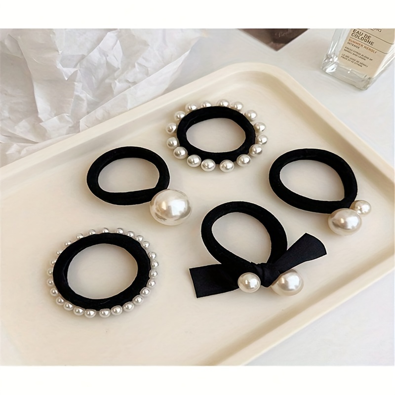 

5pcs Chic Korean Style Pearl & Bow Hair Ties - High , Seamless Scrunchies With Elegant Pearls For Women And Girls, Pearl Hair Accessories