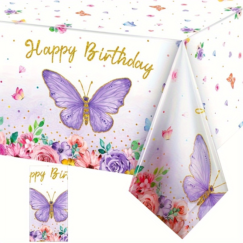 

1pc, Purple Pink Butterfly Lace Tablecloth, 137 * 274cm Pe Waterproof Dining Table Cloth, Happy Birthday Party Decoration Tablecloth, 1st Birthday Supplies Table Cover
