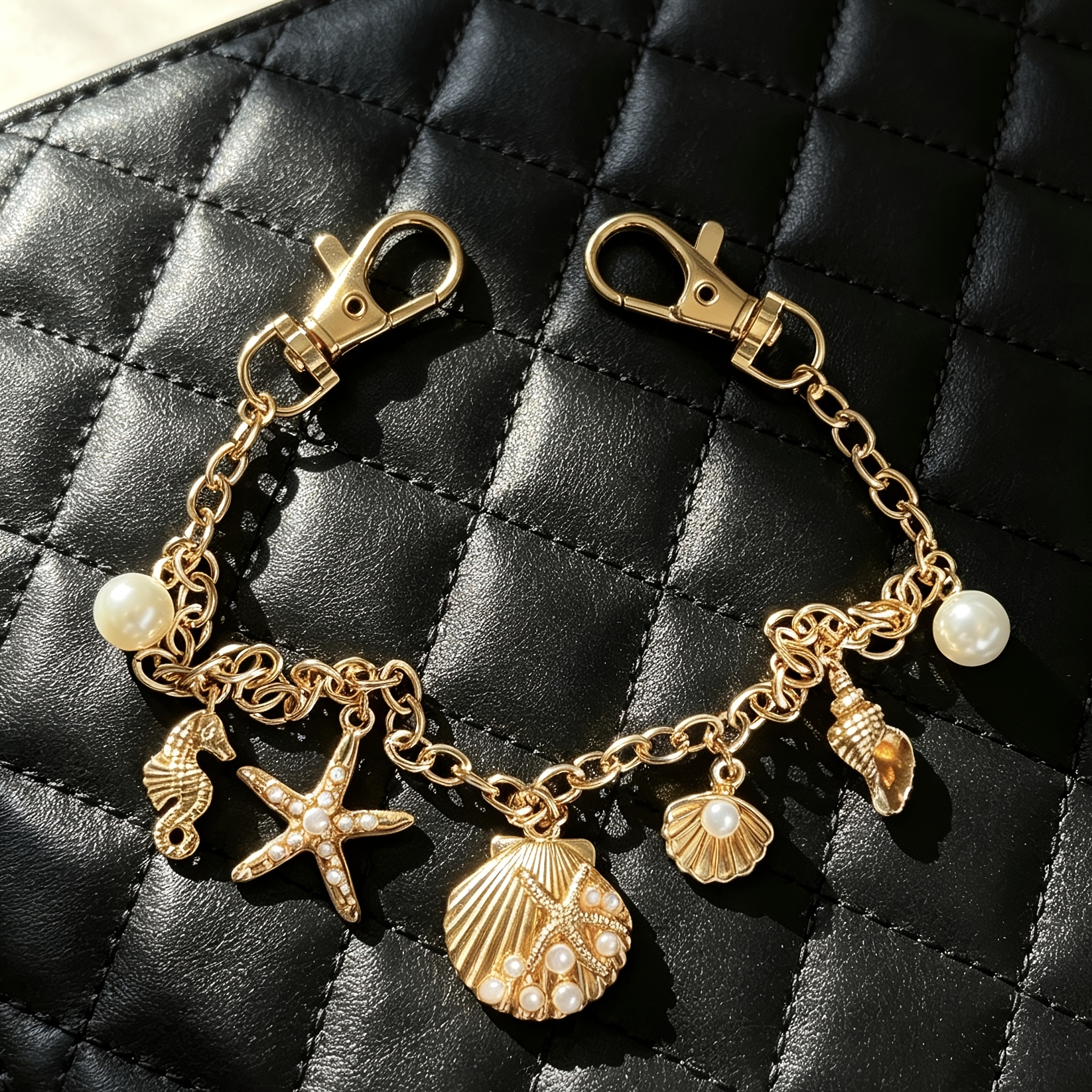 TEMU Sac Style Océan Étoile de Mer Chaîne Rétro Dorée Perle Escargot Pendentif Ornement Sac à Main Femme Décor Porte-Clés Accessoire Cadeau pour