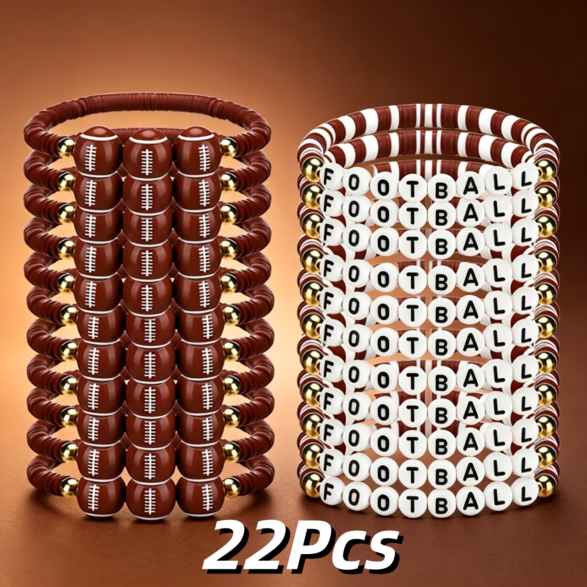 TEMU 22pcs Pack Football-themed Polymer Clay Stretch Bracelets Suitable For Game Day, Sports Parties, Gifts For &, Players, - Brown/white/golden