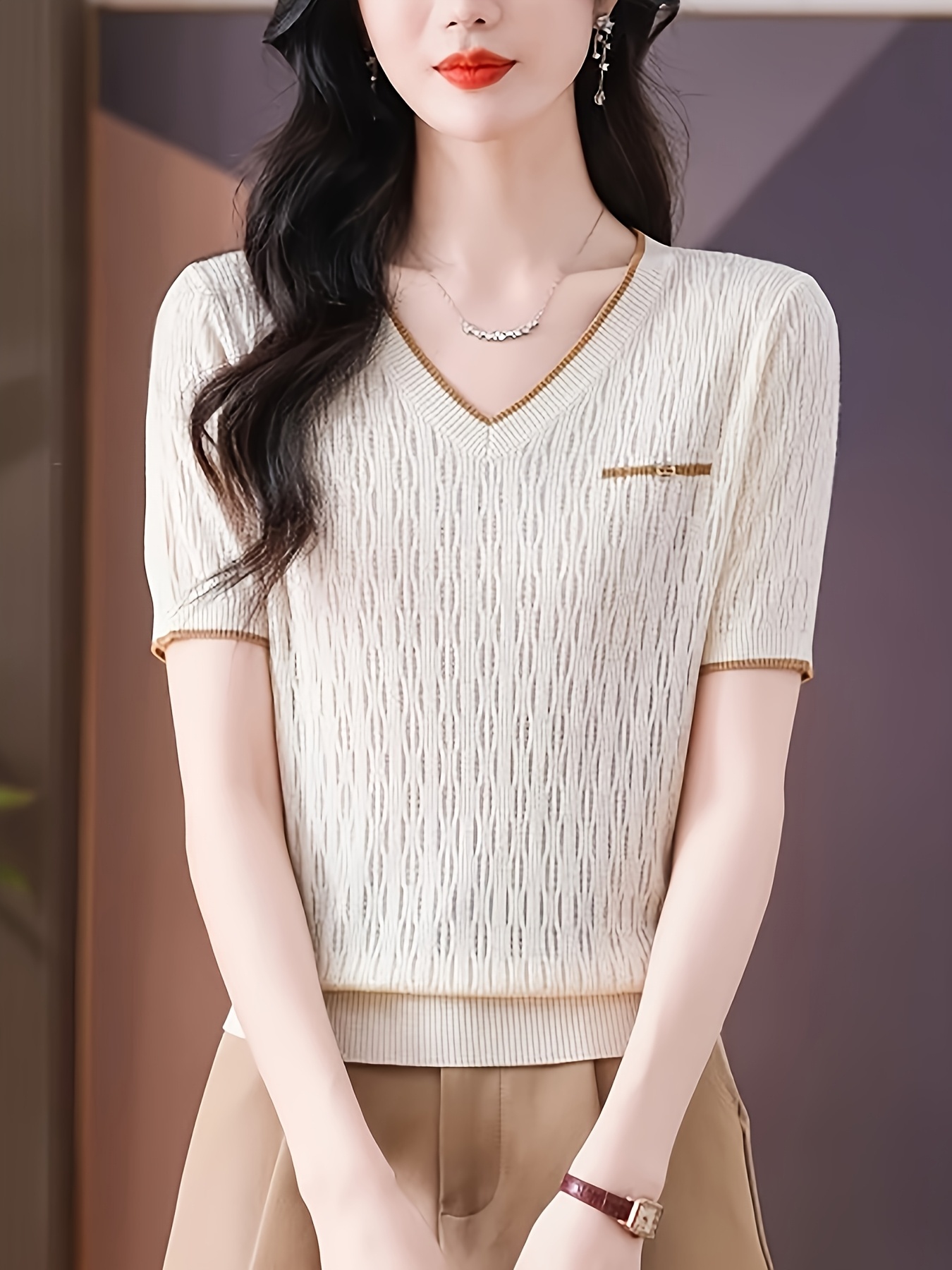 women's elegant v neck short sleeve knit top casual loose Temu