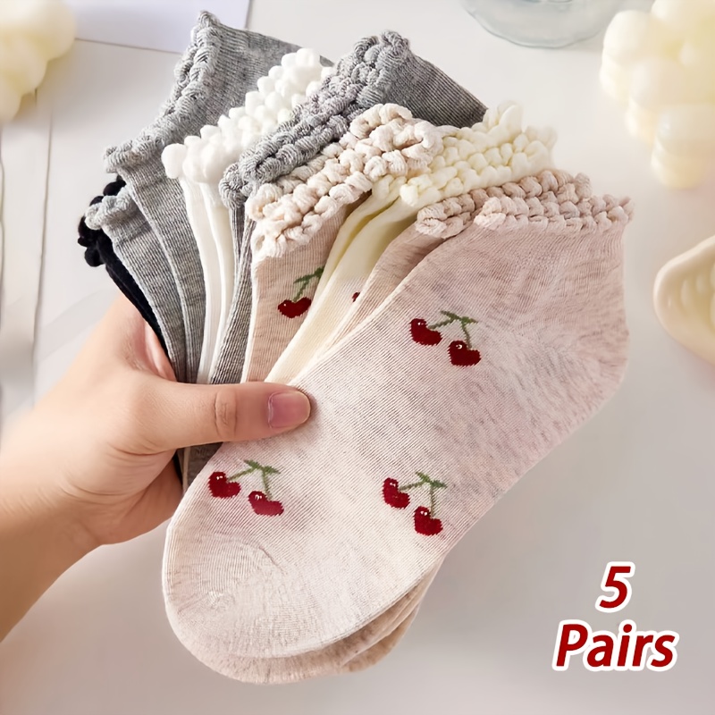 E-shop 5er-Pack Mädchen Frucht Muster Spitzen Knöchelsocken, Prinzessin Socken für Kinder