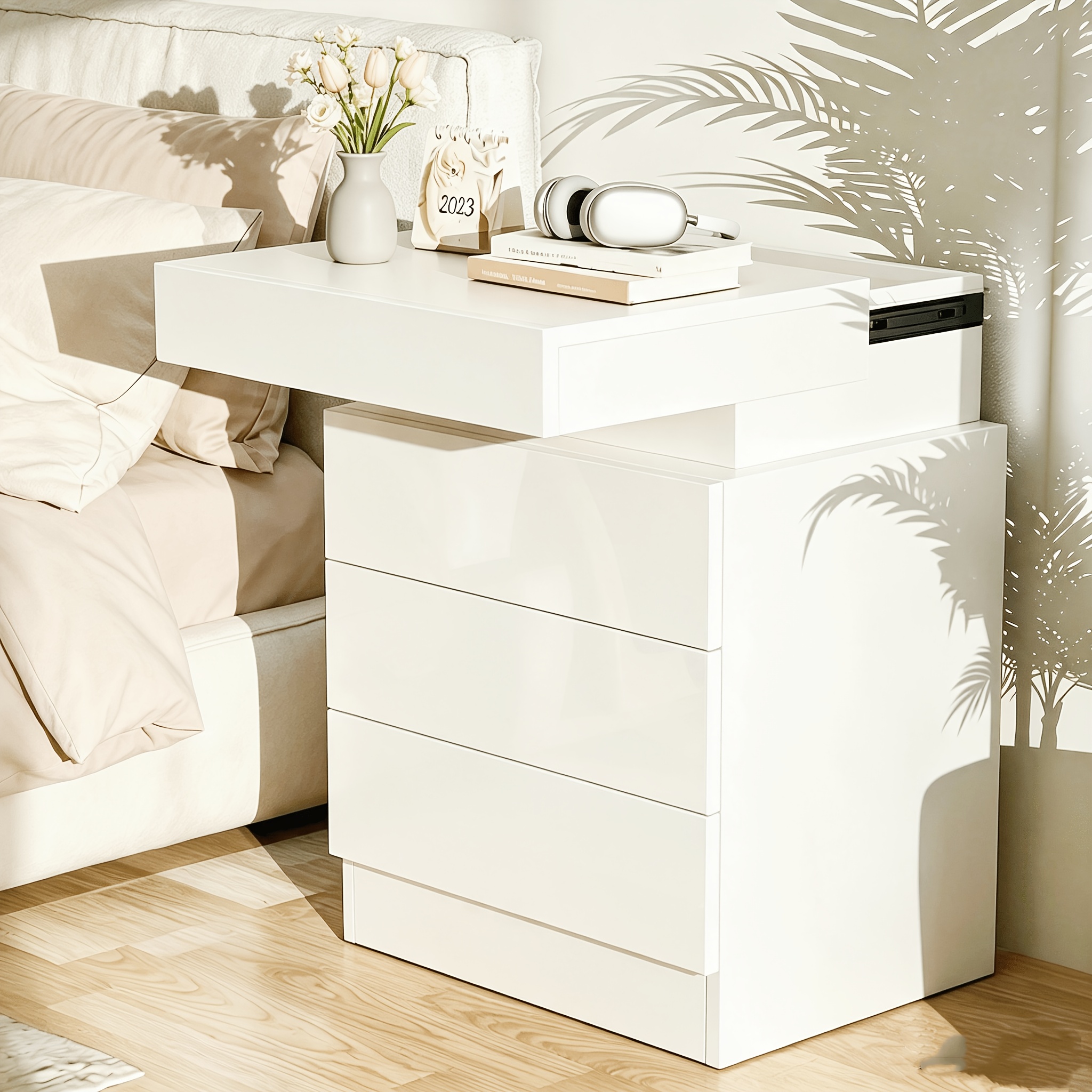 TEMU 1-pack White Scandinavian Modern Bedside Table With Sliding Top Privacy Drawer & 3-drawer Storage, - Bedside Cabinet, Sofa/side Table, Office