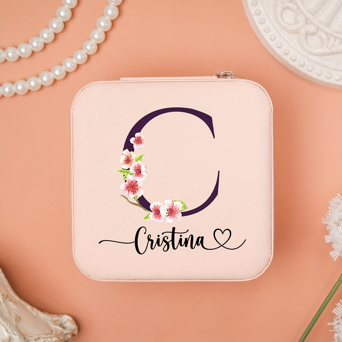 Personalized Cherry Blossom Letter Design Jewelry Box, Compact Organizer