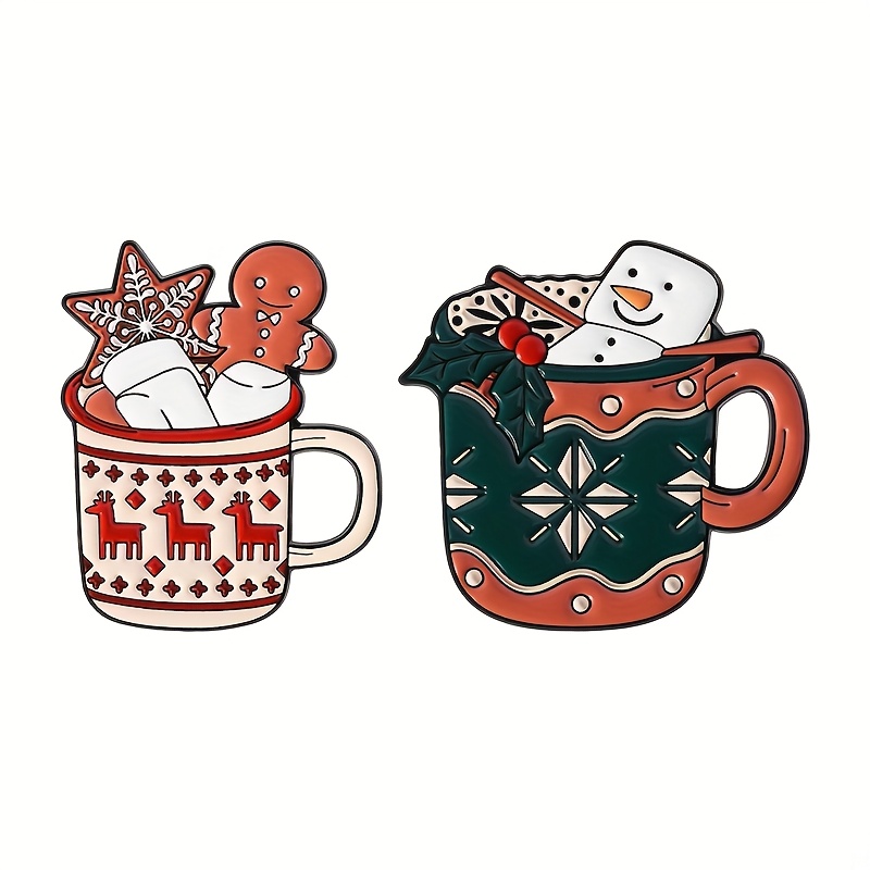 TEMU Set Of 2 Adorable Cartoon Tea Cup Pins Featuring Festive Characters, Perfect For A Touch To Your Scarf Or Backpack. Metal Enamel Badges For