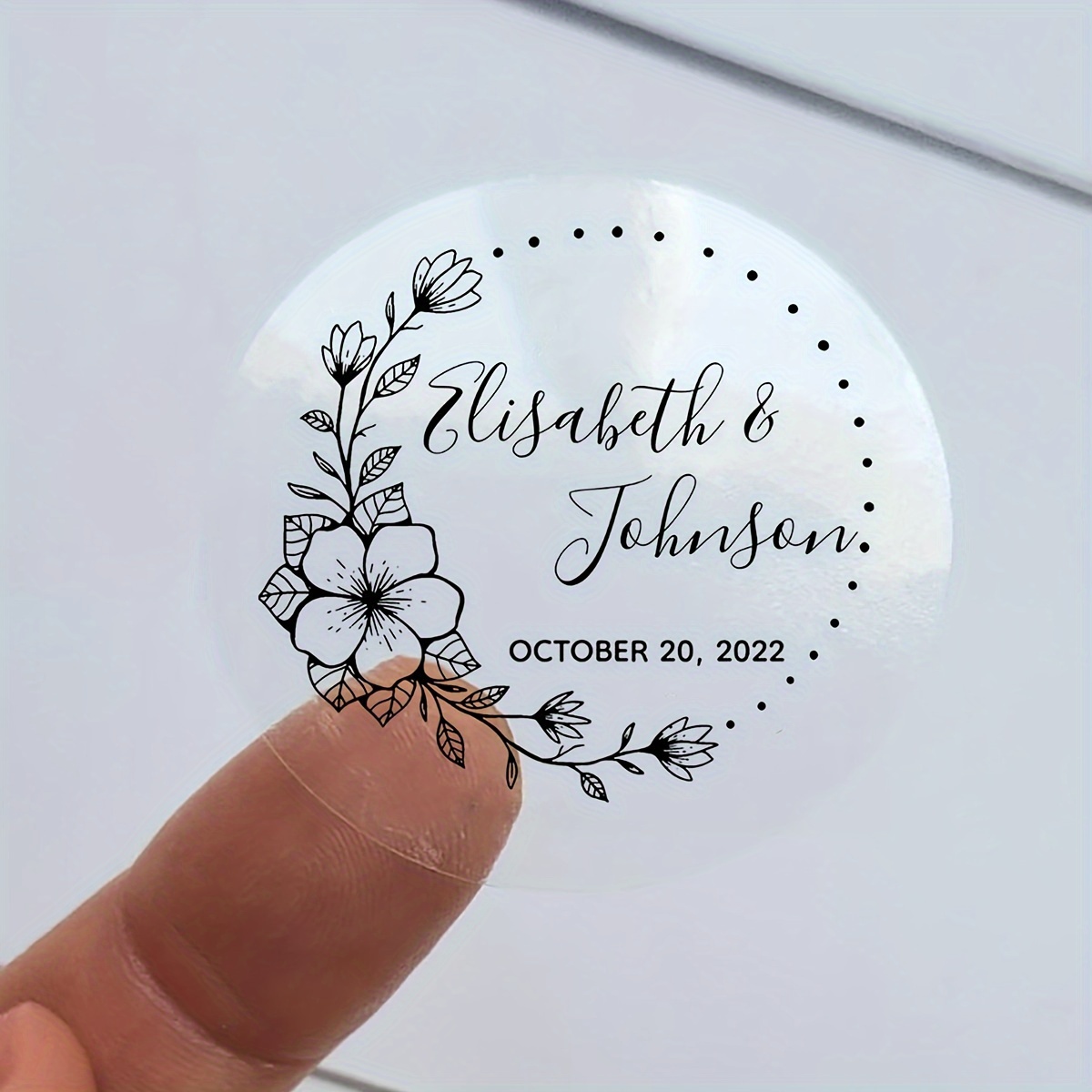 

autocollants ronds transparents personnalisés pour mariage avec motif floral - Étiquettes en vinyle brillant sur le thème de l' pour , auto-adhésives avec détails pailletés, motif floral noir