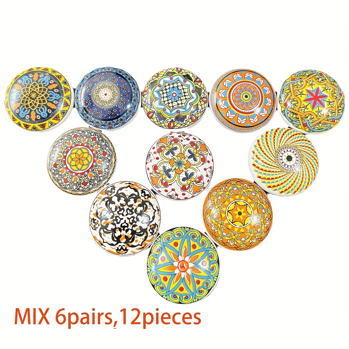 Image of 12pcs Random Handles: Bohemian-style Ceramic Drawer Pulls And Cabinet Door Handles With Hand-painted Floral And Geometric Patterns (includes Mounting Screws)