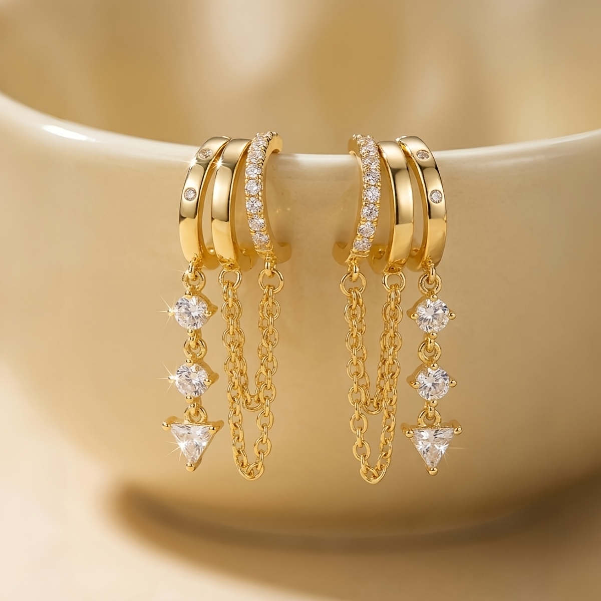 Elegant Three-tier C-shaped Chain Tassel Earrings