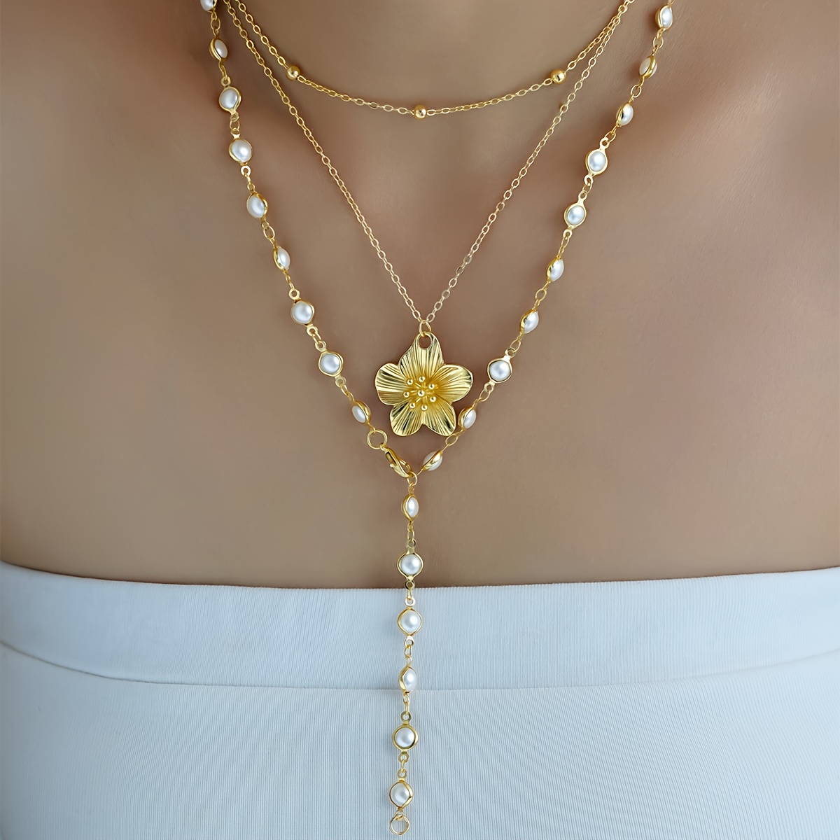 E-shop 2er Set Modische Elegante Wunderschöne Lässige Alltagsstil Kunstperlen Blumen Halskette Y-förmige Halskette Set Damen Urlaubs Party Dating