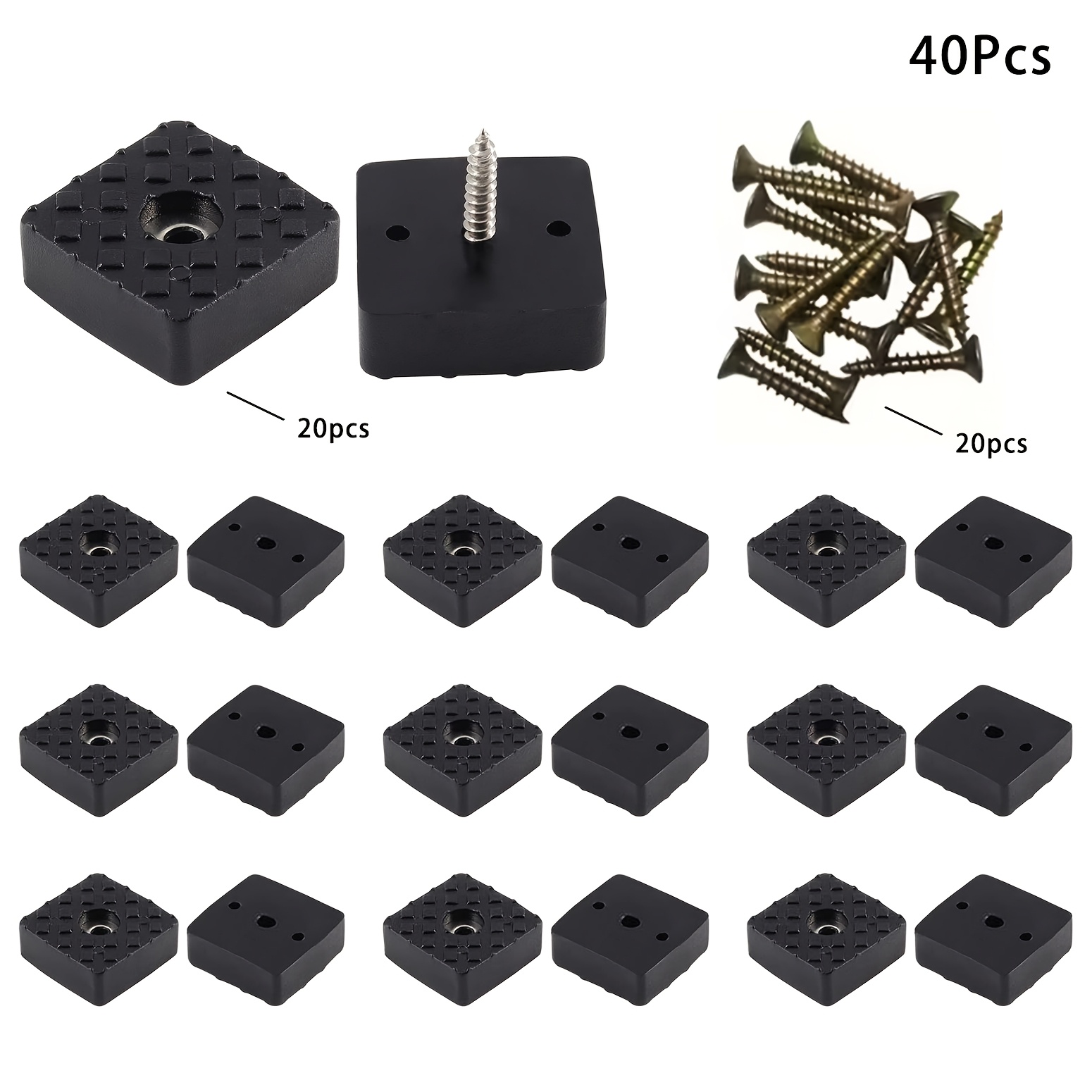 E-shop 40 Stück rutschfeste quadratische Möbelgleiter | 22mm x 22mm, 10mm dicker Gummi, schwarze Möbelgleiter mit Schrauben, für Stühle, Tische,