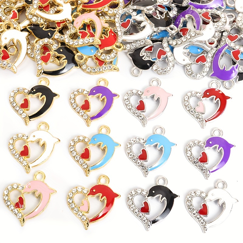 

10pcs Colorful Dolphin & Heart Enamel Charms With Rhinestones - Zinc Alloy Pendants For , Necklaces, Bracelets, Earrings - Summer Ocean Themes, Birthday, Valentine's Day Gifts