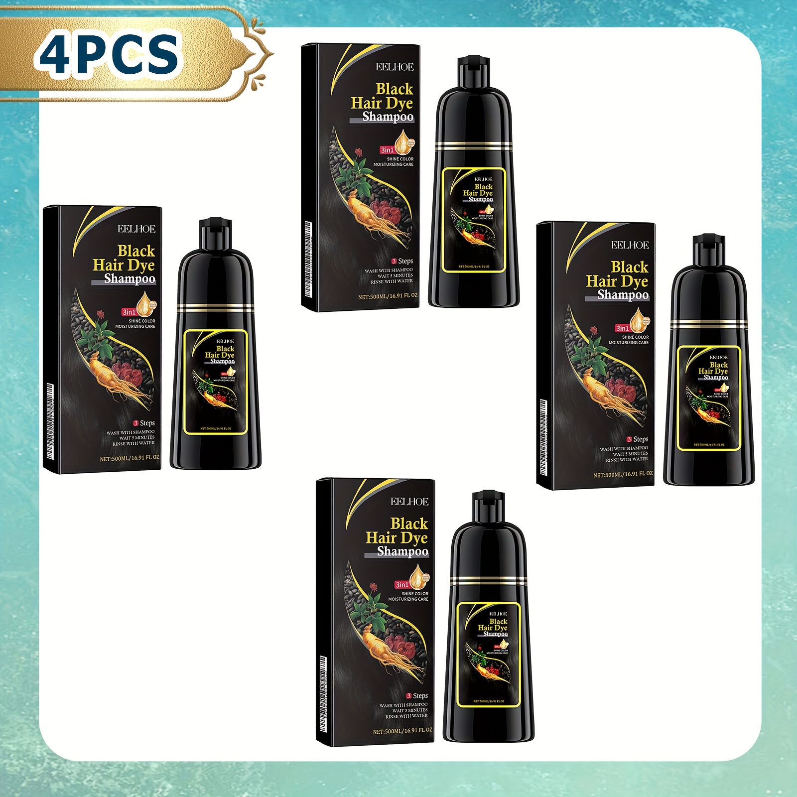 TEMU 4pcs Black Hair Dye Shampoo, 500ml/16.91oz, Polygonum Multiflorum Ginger, Cleanse Dye Hair 3 In 1, White Hair, Deep Cleansing Smooth Hair