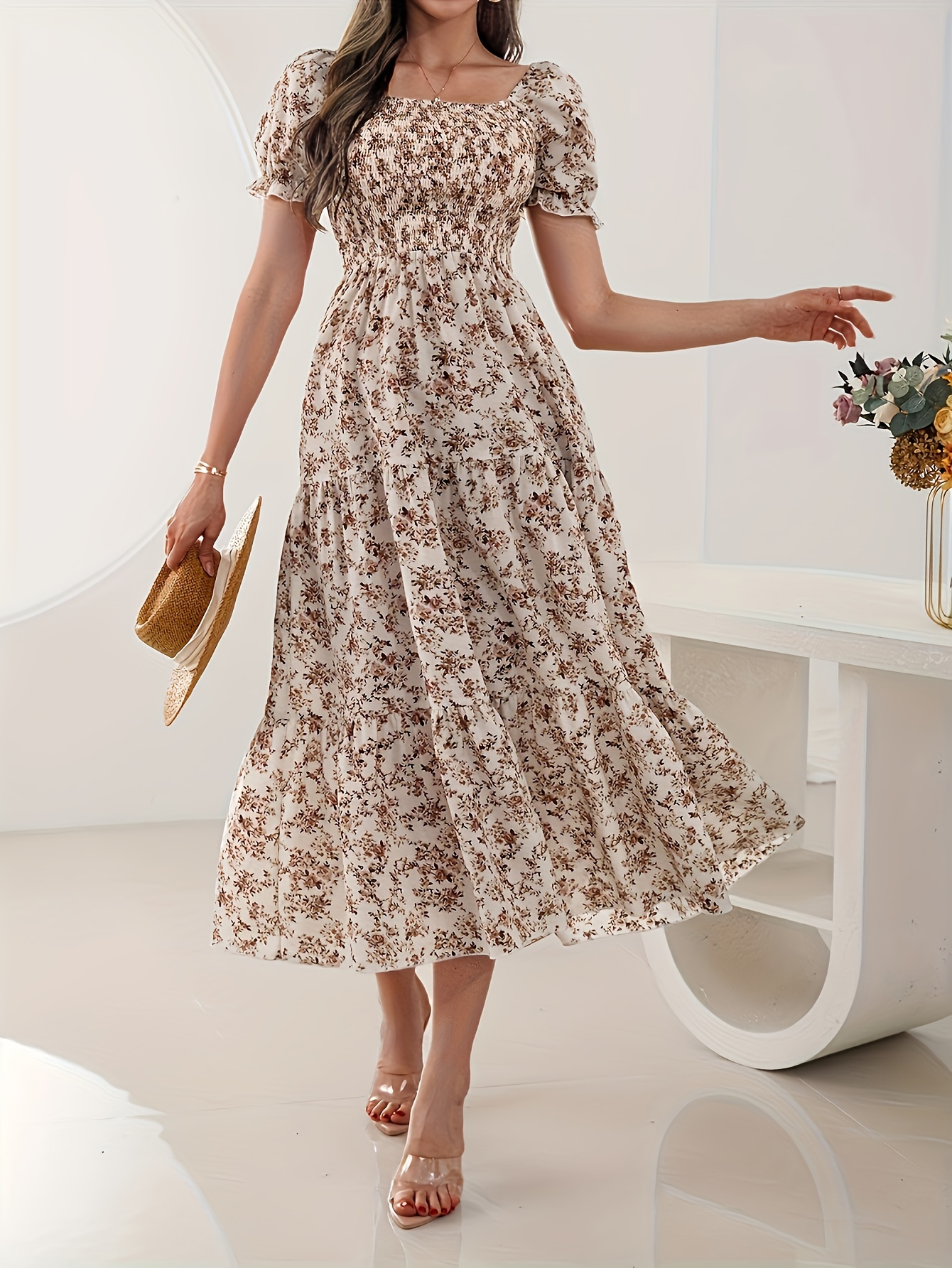 Lace Midi Sundress With Sleeves Floral Organza Long Sleeve Knee Length  Floral Dress Women's Summer Midi Dress With Pockets Women's Boho