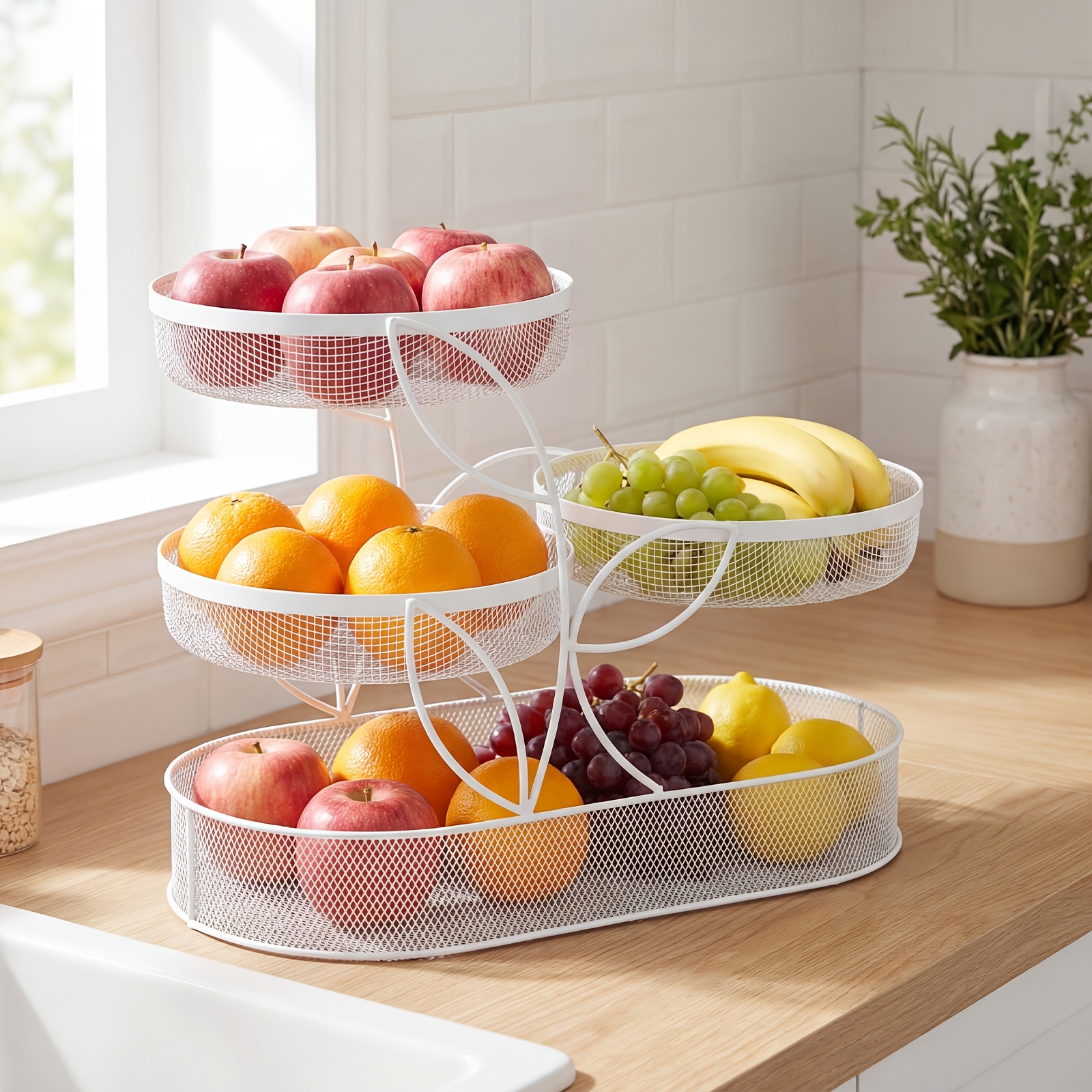 4-tier Metal Fruit Basket Stand, Countertop Fruit Display Rack With Mesh Bowls, Large Capacity Multi-level Holder For Fruits, Vegetables, Snacks & Bread