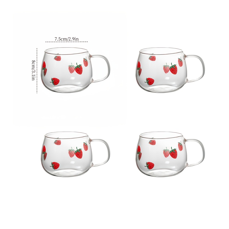Image of 4 Adorable Strawberry Printed Glass Cups, 11.83 Ounces, Clear Glass Cups, Suitable For Milk, Coffee, Oatmeal, Ice Water, Tea, Drinks, Food Supply Equipment, And Science, Tableware, Glassware