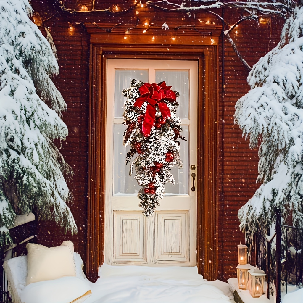 

1pc Pre-lit Christmas Teardrop Garland With Pine Needles & Red Berries - Stair Handrails, Walls & Windows - Holiday Decor