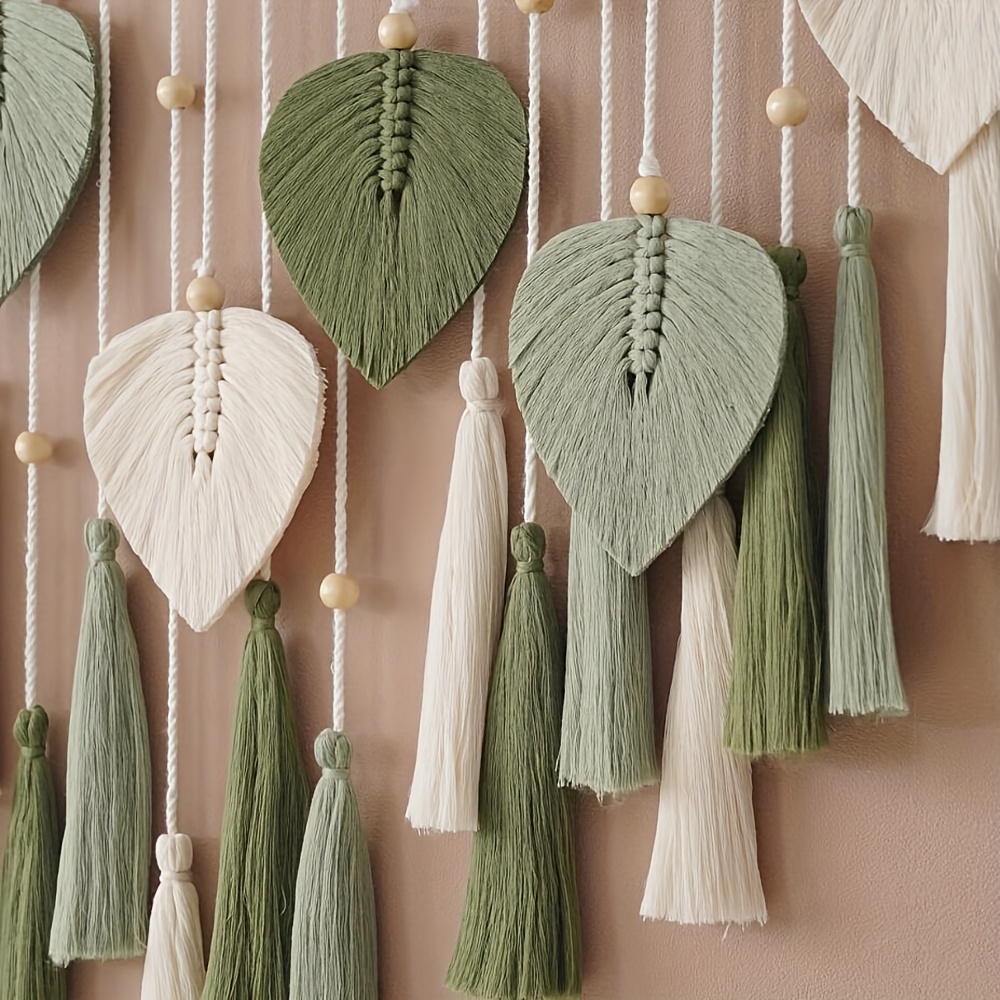 1pc bohemian macrame wall hanging green leaf beige tassel