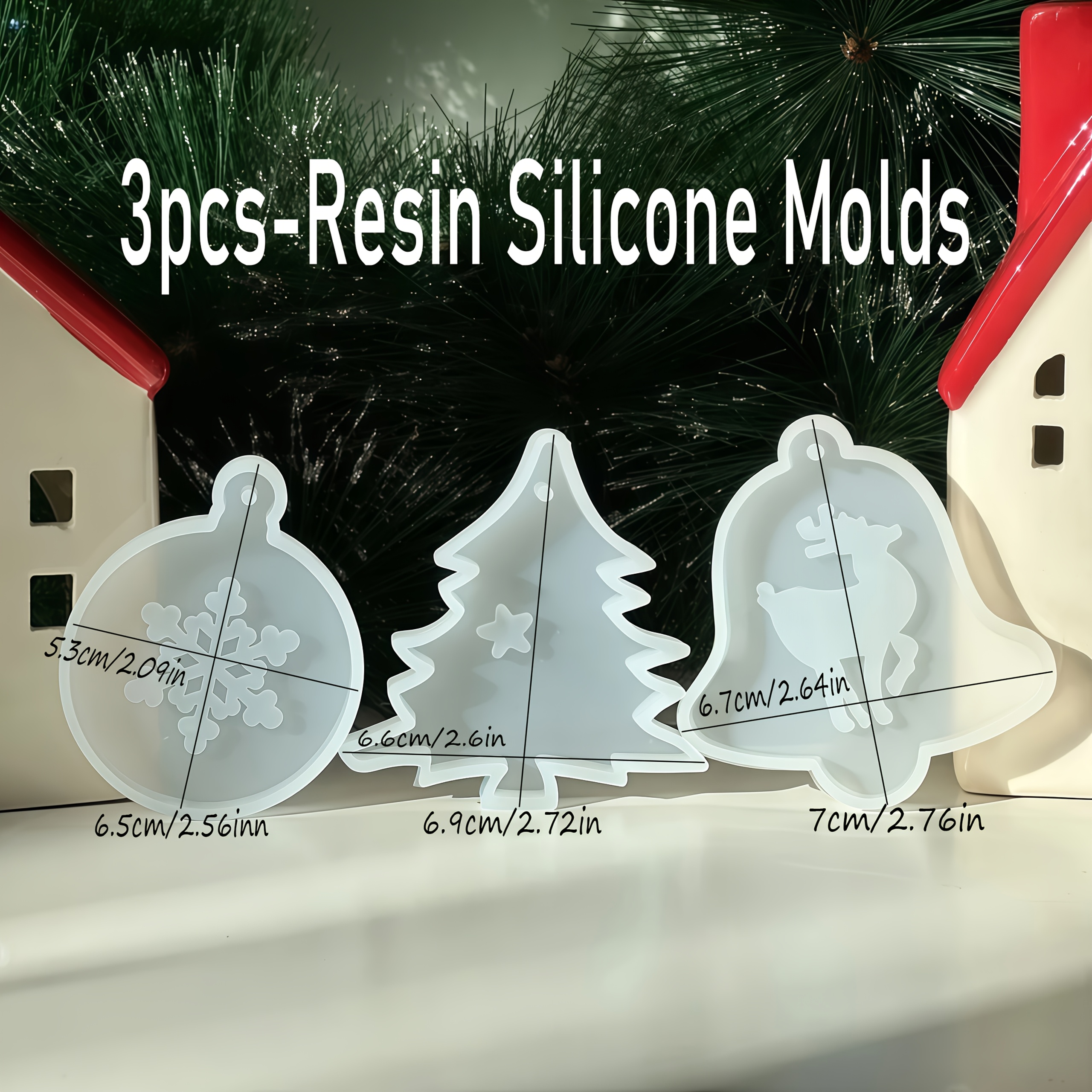 TEMU Juego de 3 moldes de silicona de resina con agujeros para /árbol de Navidad/campana, ideales para fundir adornos navideños con resina epoxi;