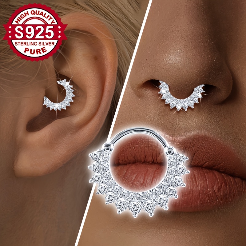 1pc, S925 Silver, Double Layer Shiny Round Nose Ring, Creative Fashion Piercing For Ear Or Nose, Hypoallergenic
