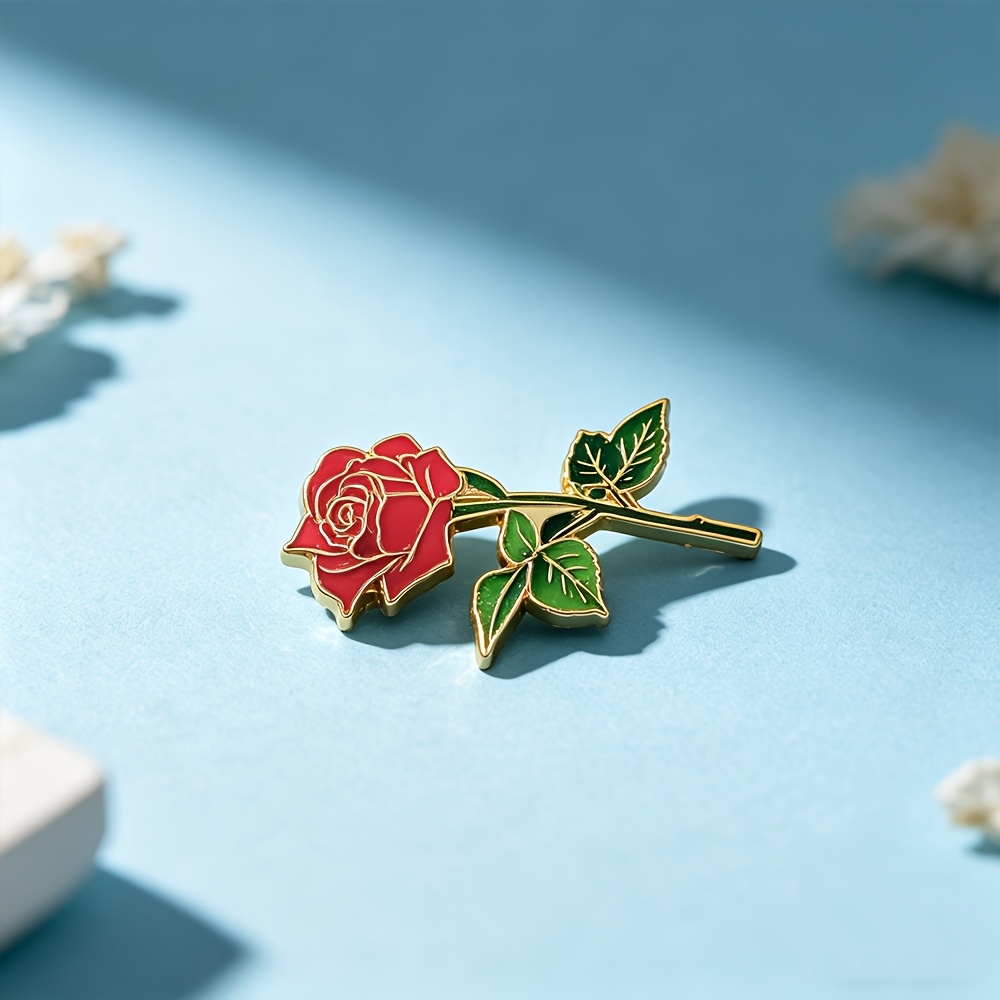 TEMU 1pc Novelty Red Enamel Pin - Romantic Rose Botanical Theme Brooch For , Novelty Valentine Floral Fashion Accessory, Delicate Plant Lapel Pin For