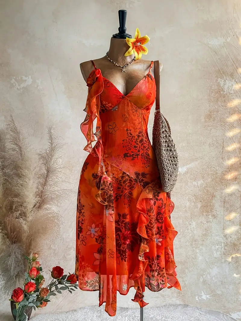 orange gradient dress Aloruh Women's Spring/Summer New Crochet Red Orange Gradient Beaded Tassel Hem Bodycon Knit Dress Suitable For Beach Vacation Date Party Evening Tropical