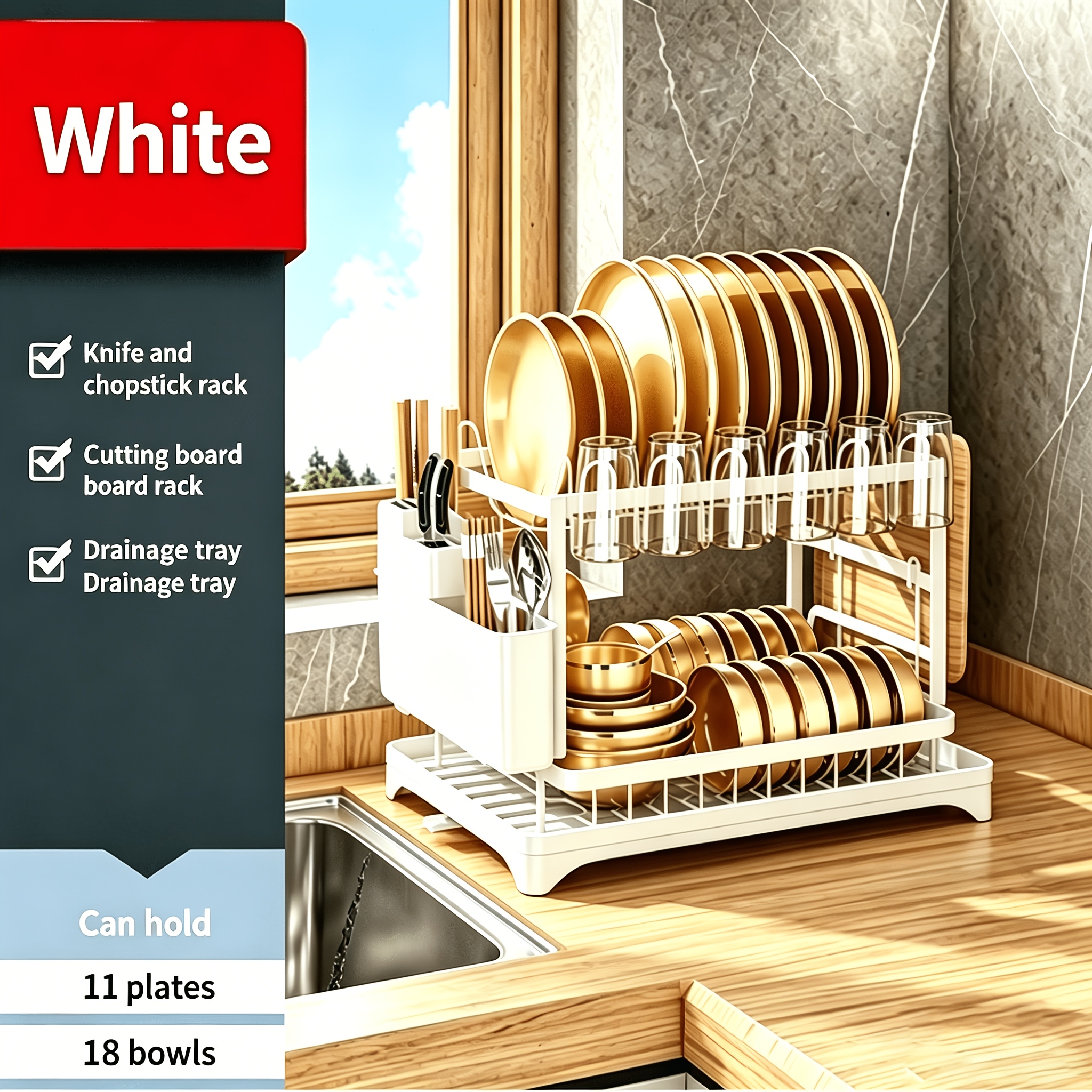 Image of 2-tier Dish Drying Rack With , Kitchen Counter Dish Drainers, Over The Sink Dish Drainer