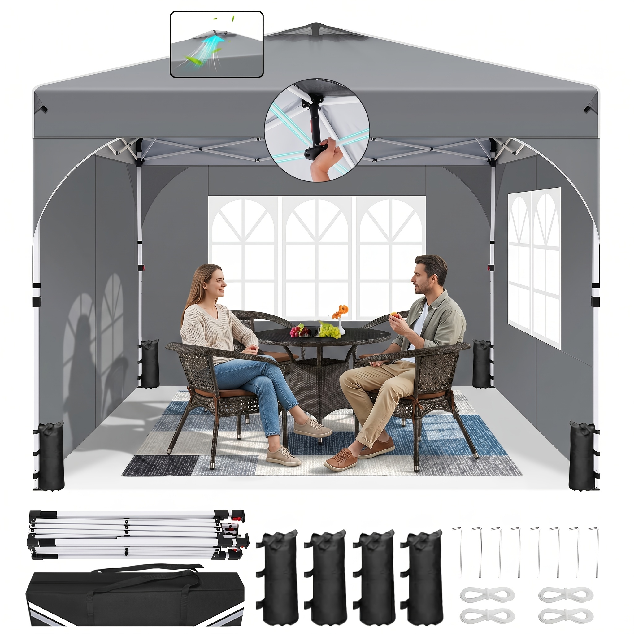 3x3m Pop Up Canopy Tent With 420d Removable & Reflective Strip, Central Button & Air Vent, Outdoor Instant Canopy Tent With Carry Bag For Outdoor Activities, Commercial Use, Relaxing, Gathering