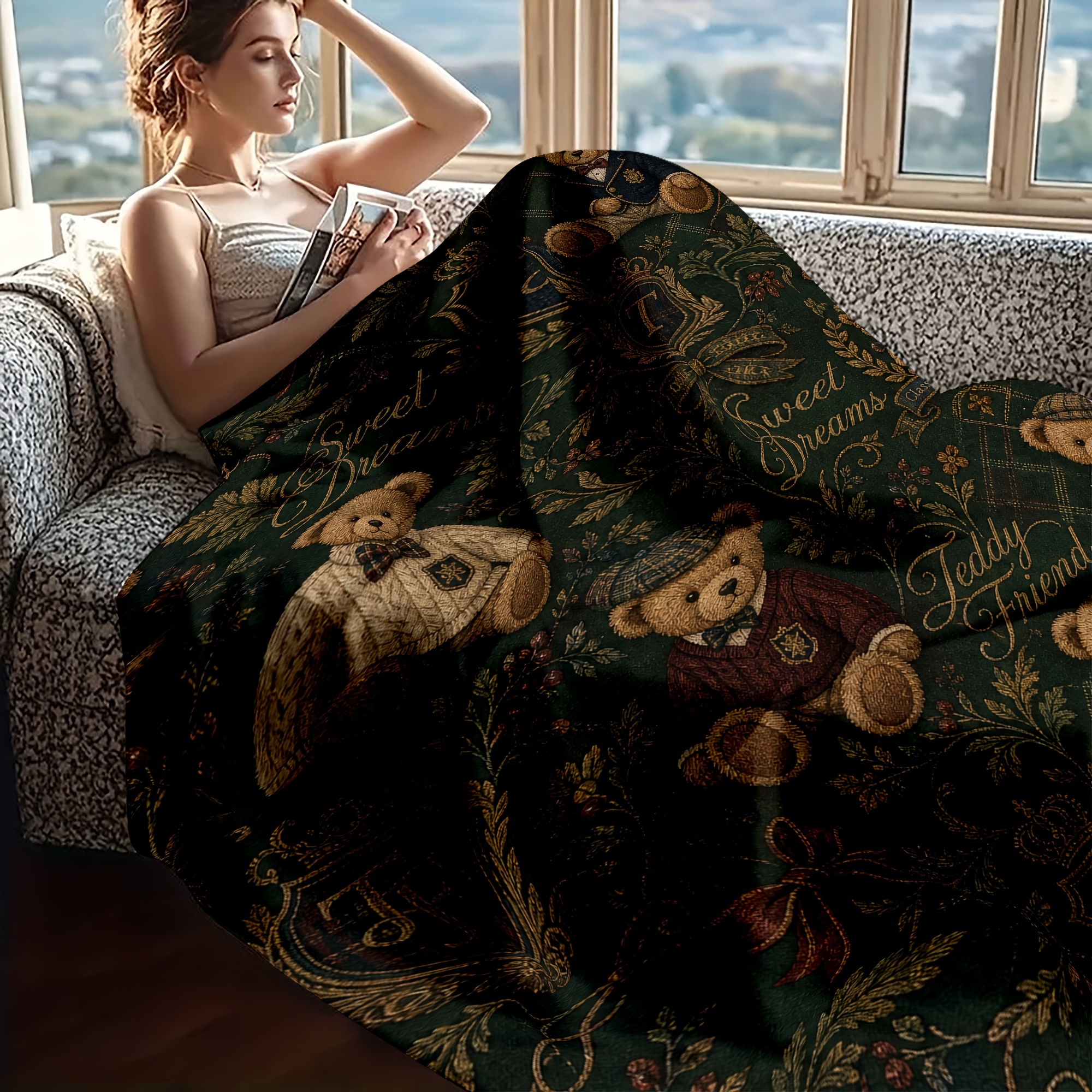 TEMU 1pc Vintage British Style Teddy Bear Flannel Blanket, Dark Green Luxury Bedroom Nap Throw Blanket, Autumn/winter Warm Sofa Blanket, Office Nap