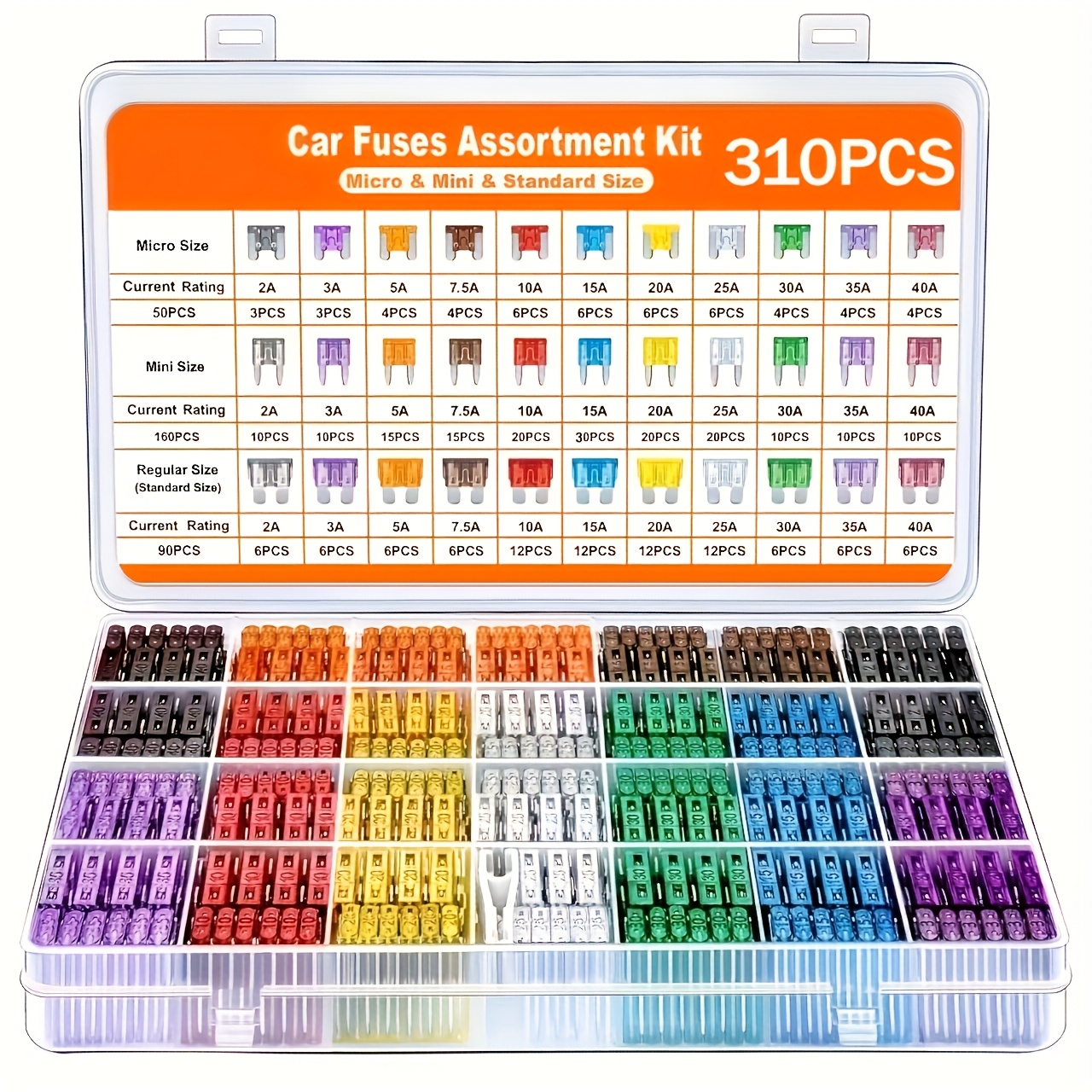 TEMU Kit d'assortiment de fusibles de voiture 310 pièces, 170 mini-fusibles à lame pour automobile, 90 fusibles auto standard, 50 micro-fusibles, 1