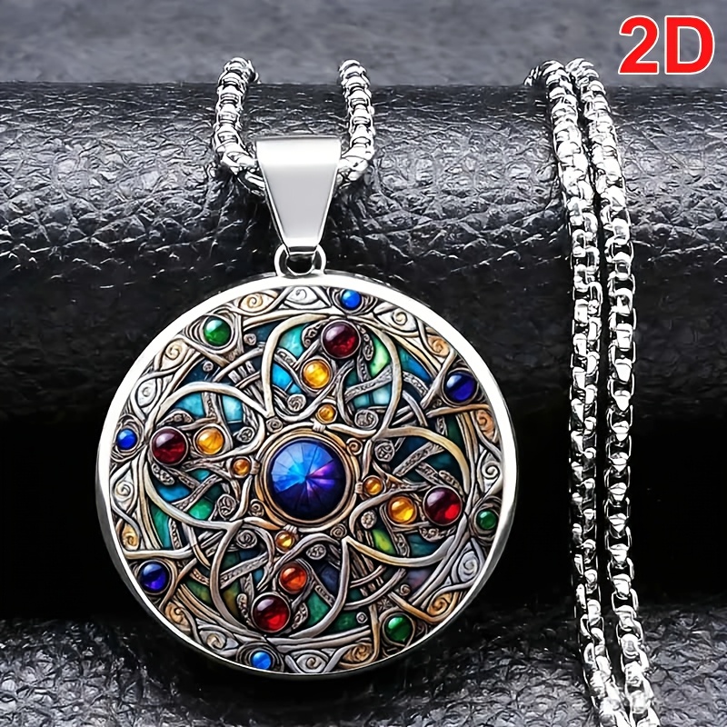 TEMU 1pc Round Pendant Necklace, Showcasing Celtic Infinite Knot With Multicolor Gemstone Chakra Pattern, Ideal For Travel, Vacation, Parties, And