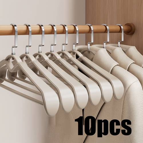 10pcs mens plastic wide shoulder hangers set without shoulder protrusions with anti slip design suitable for thick sweaters the plastic wide shoulder straps are with pants hooks and metal hooks