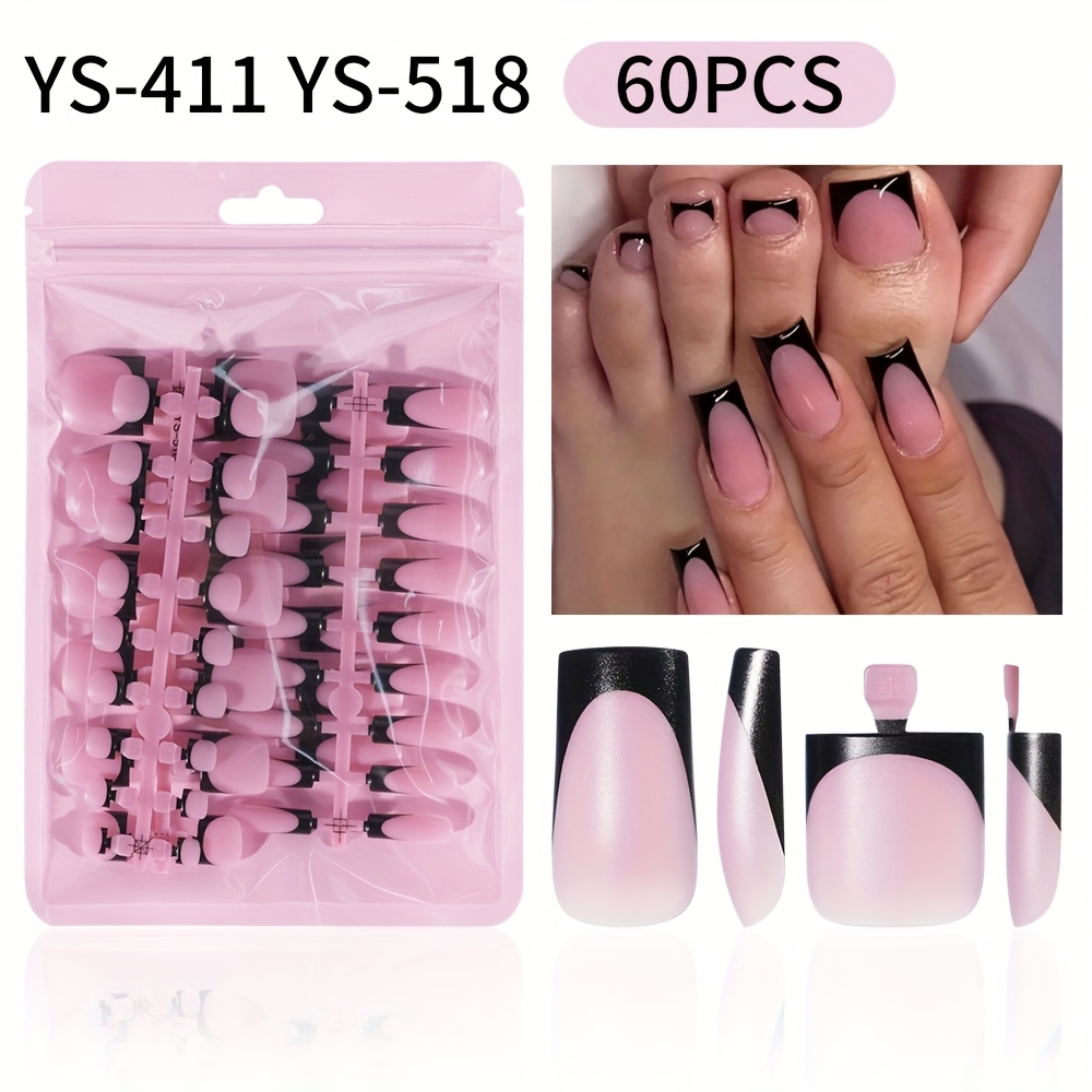 TEMU 60pcs Toe Nail French Short Square And Coffin-shaped Glossy French Pattern Toe Nails