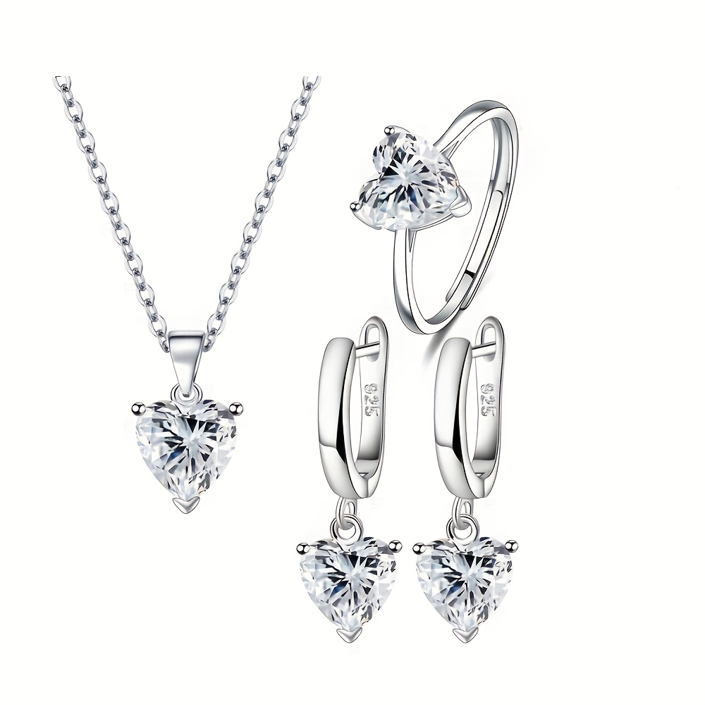 

925 Sterling Silvery Romantic Heart Zirconia Necklace, Ring And Earrings Suit-sexy Elegant Anniversary Valentine's Day Gift