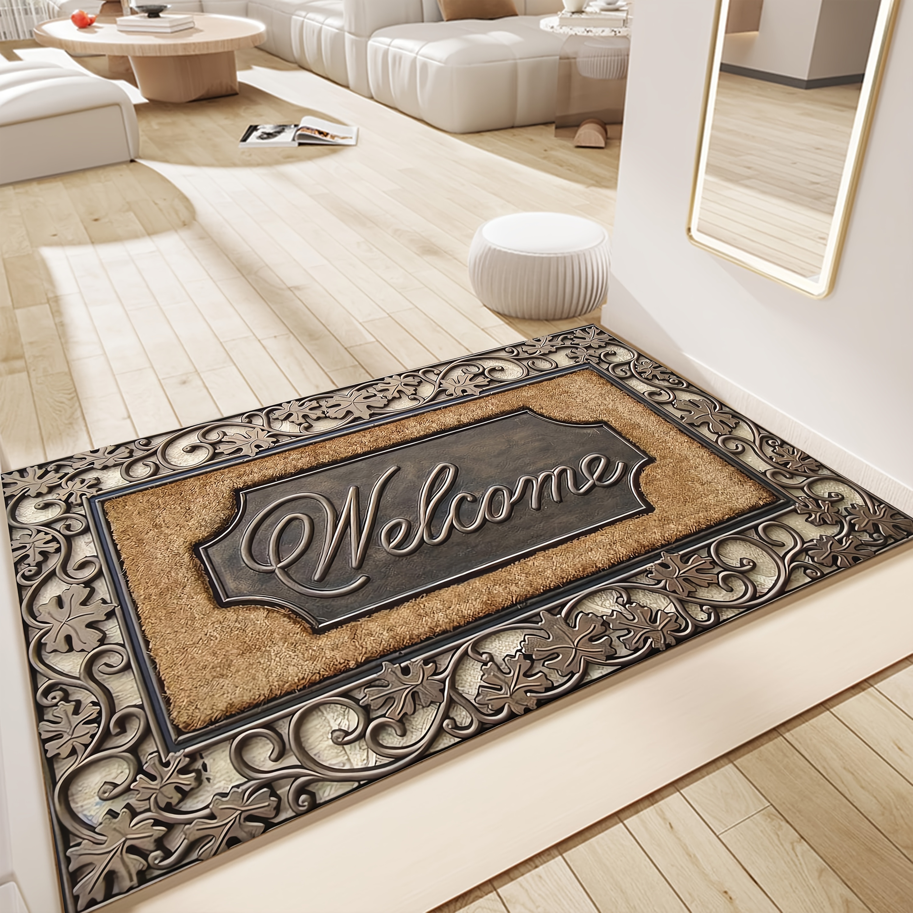 

Elegant "welcome" Textured Doormat - Non-slip, Diatomaceous Earth With Abstract Floral Pattern, Easy To Clean, , Bathrooms, And Foyers