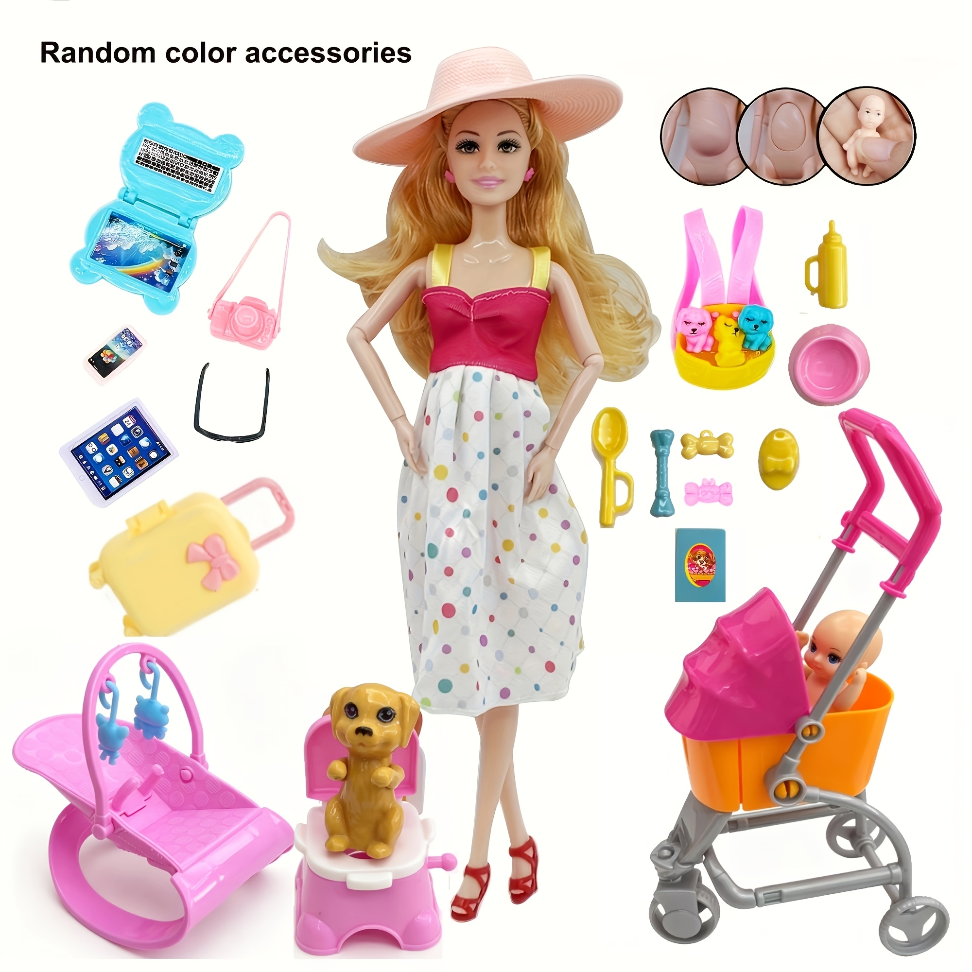 Image of Pregnancy Belly Fashion Doll Toy Set Dog Walking Car Doll Additions Childbirth Function Set((random Color Additions), Doll Toy Set